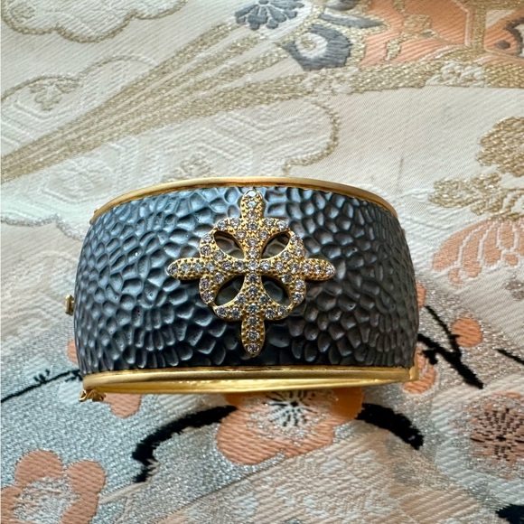 Designer Hammered metal cuff with rhinestones. In beautiful condition main image 5